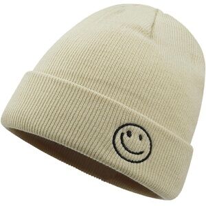 CLAPE Beanie Hat for Men, Cute Embroidery Smiley Face Winter Hat beige